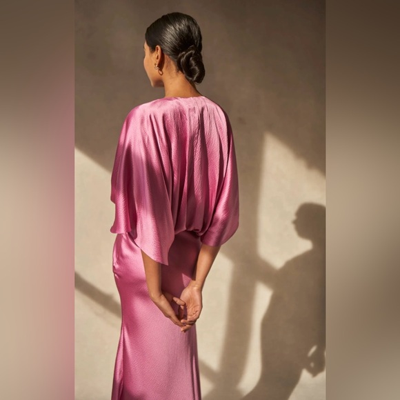 AIIFOS Isabelle Pink Crinkled Silk Satin Maxi Dress. Size XS - Picture 4 of 15